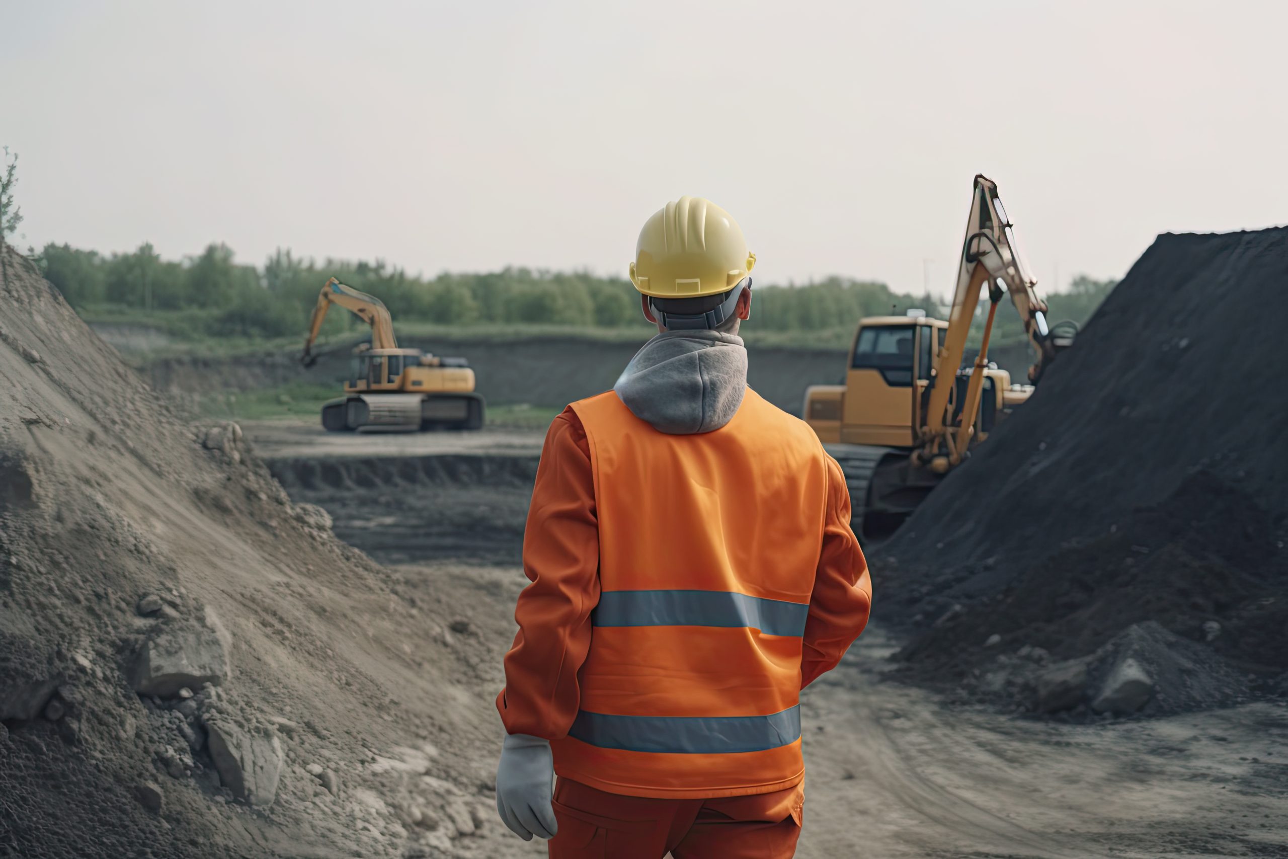 worker from behind dressed in work clothes observing some excavators on the construction site.